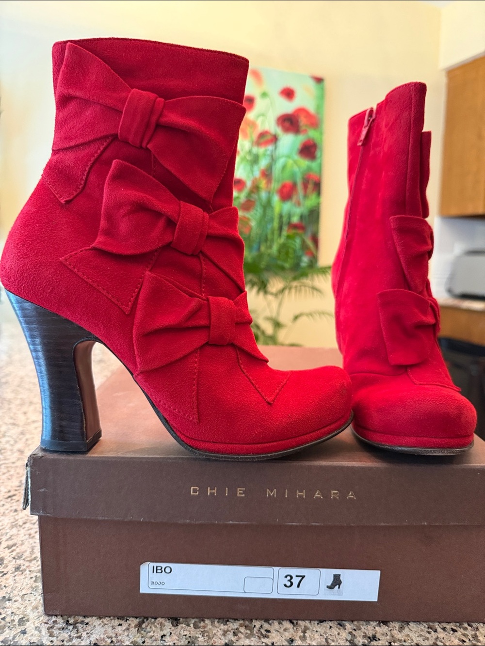 Chie Mihara Vibrant Red Suede Bow Ankle Boots